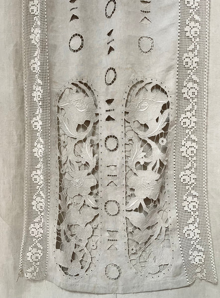 Antique Cutwork Embroidered Richelieu Lace Wallhanging Curtain Panel: C1900 - 1910 France