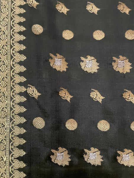 Antique Olive Green & Gold Traditional Silk Brocade Sari: C20th India