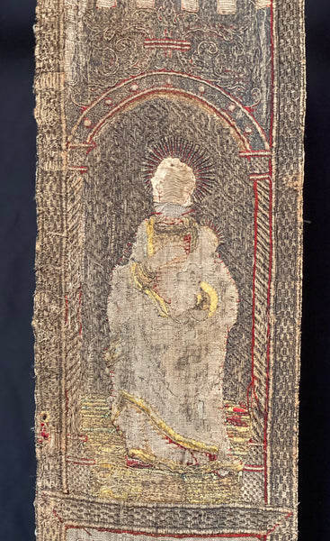 Rare Tudor Orphrey Silk and Metal Thread Embroidered Panels with Iconography Saints: C16th England