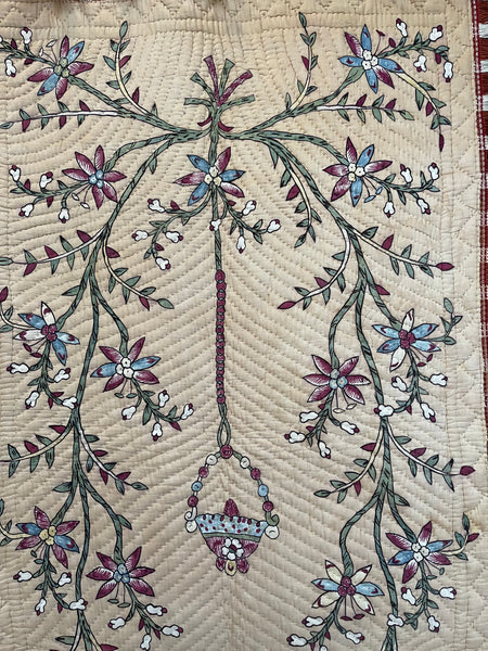 Antique Block Printed & Hand Painted Quilted Wall Hanging: C19th, Kandili Turkey
