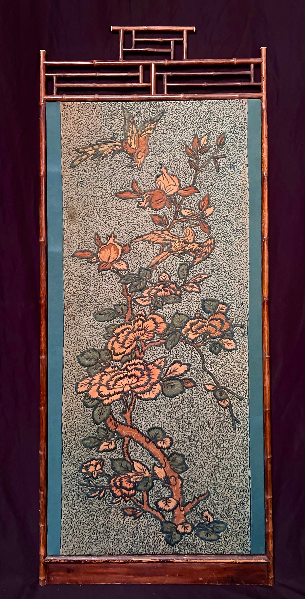Arts and Crafts Crewelwork Embroidered Tree of Life Panel in Antique Japanese Bamboo Frame (1) : C1900 Britain