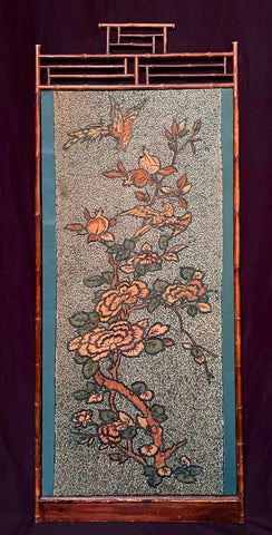 Arts and Crafts Crewelwork Embroidered Tree of Life Panel in Antique Japanese Bamboo Frame (1) : C1900 Britain