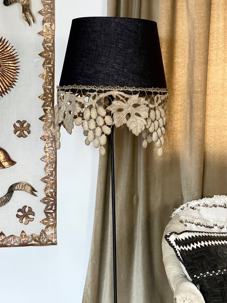 Large Size Lampshade with Antique Richelieu Embroidered Border with Art Deco Stumpwork Grapes: C1920s France