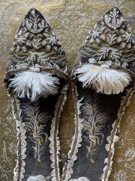 Antique Ottoman Slippers with Gold Gilt Embroidery & Seed Pearls: C19th Turkey