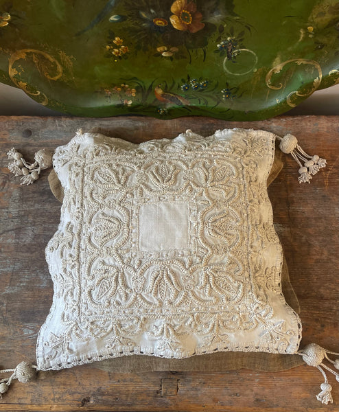 Antique Heirloom Whitework Embroidery Linen Cushion Cover: C19th Italy