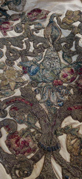Antique Early Silk and Metal Thread Embroidered Appliqué Panel: C17th Britain