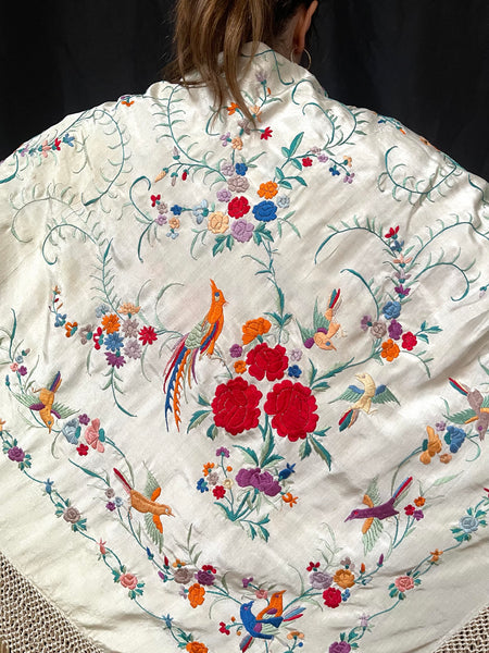 Antique Silk Embroidered Piano Shawl with Birds and Florals: C1920 Canton, China