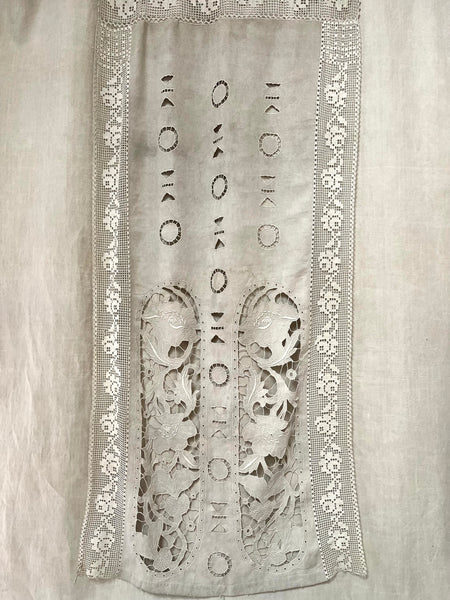 Antique Cutwork Embroidered Richelieu Lace Wallhanging Curtain Panel: C1900 - 1910 France