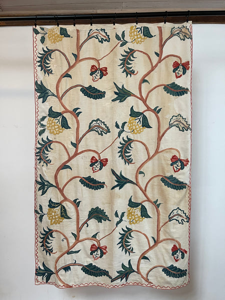 Original Antique Crewelwork Embroidered Bed Hanging: C18th Britain
