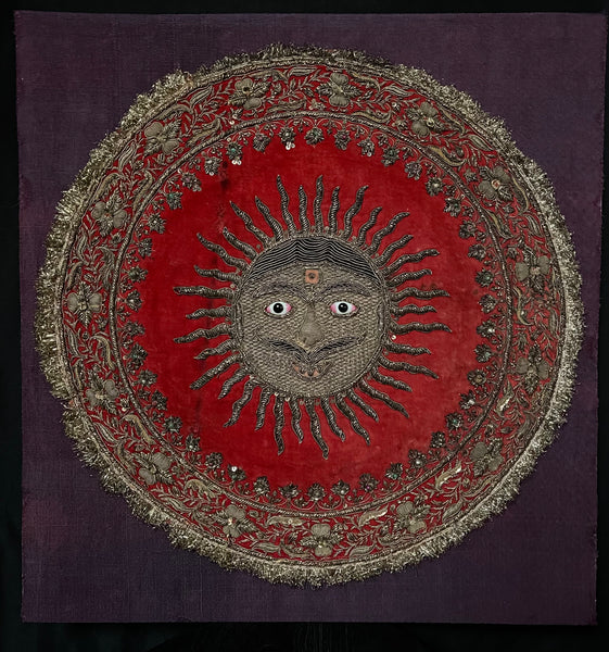 Antique Zardozi Embroidered Sun God on Velvet with Semi Precious Stones: C19th India