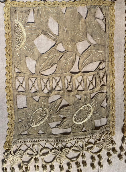 Pair Antique Art Deco French Richelieu Embroidered Linen Cafe Curtains Handmade Sunflower Motif