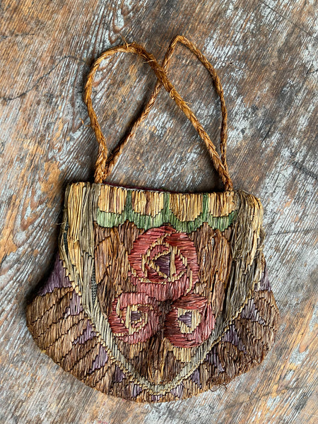 Antique Art Deco Raffia Embroidered Bag: C1920 British