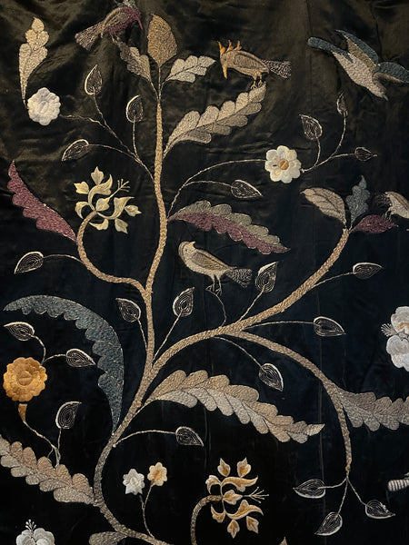 Antique Hand Embroidered Tree of Life Silk Wallhanging with Birds & Flowers: C19th Anglo Indian