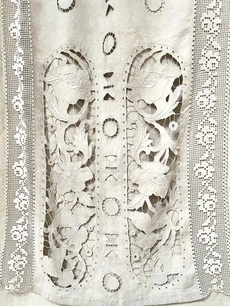 Antique Cutwork Embroidered Richelieu Lace Wallhanging Curtain Panel: C1900 - 1910 France