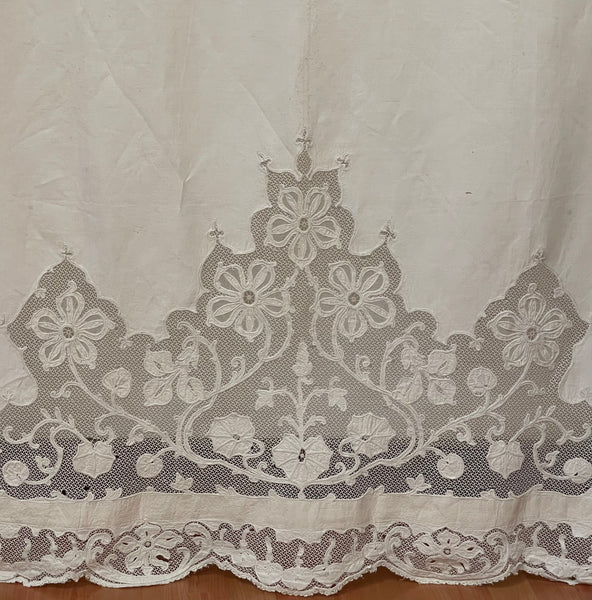 A Pair of Art Nouveau Cutwork and Embroidered Chateau Window Curtain Panels: C1900 France