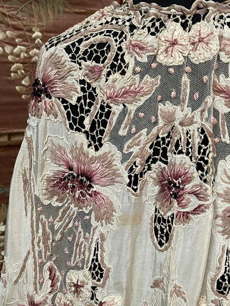 Antique Edwardian Art Nouveau Embroidered and Appliquéd Florals Silk Cape: C1910 France