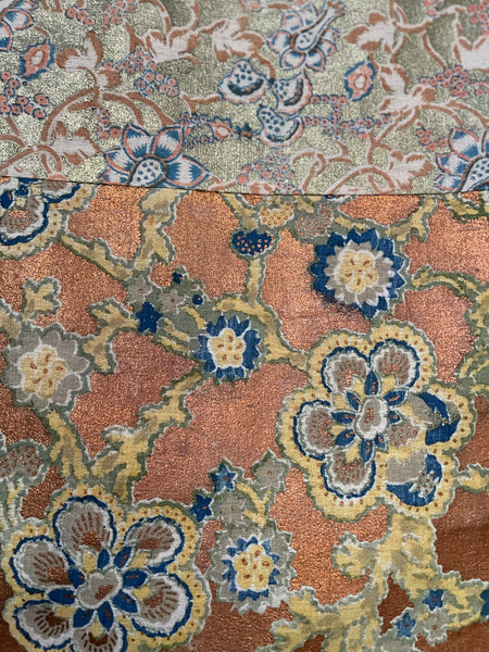 Traditional Block Printed Panel Wrapper Florals with Copper and Gold: C1930s Japan