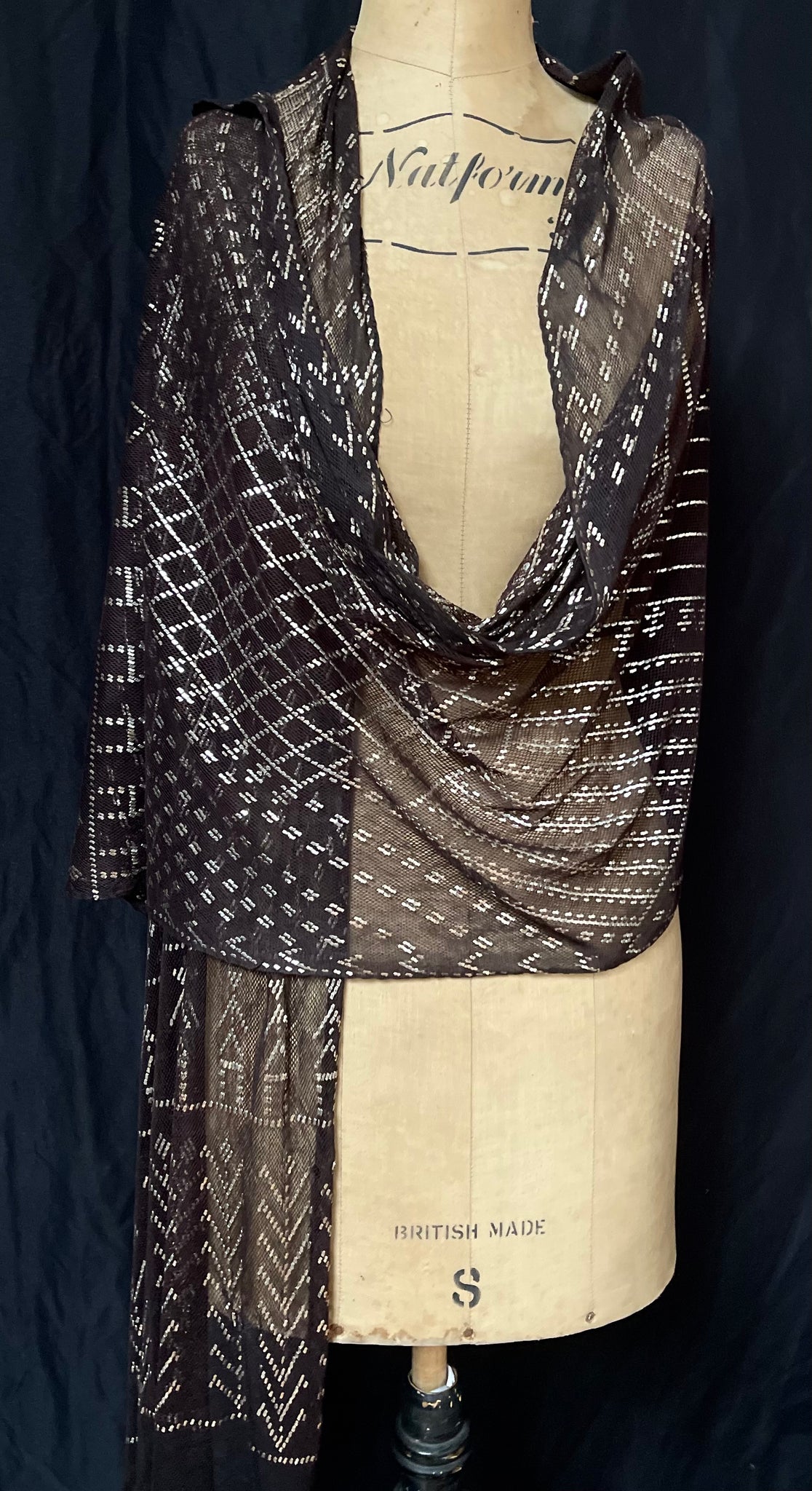 Art Deco Assuit Shawl Hand Embroidered Black with Silver Metal Thread: C1920 Egypt