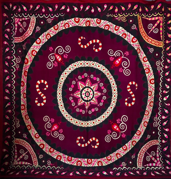 Antique Traditional Silk Embroidered Sun & Moon Suzani : C20th Tashkent, Uzbekistan