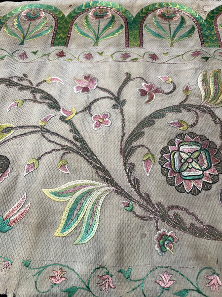 Antique Jacobean Silk and Metal Thread Floral Embroidery: C17th Europe