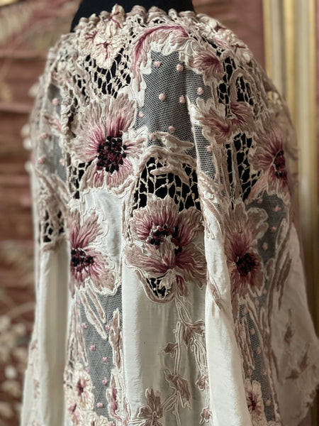 Antique Edwardian Art Nouveau Embroidered and Appliquéd Florals Silk Cape: C1910 France