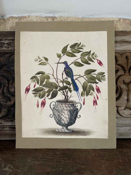 Fine Antique Watercolour Painting Bird & Flowers & Verse: C19th England