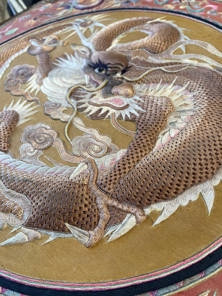 Extraordinarily Fine Stumpwork Embroidered Dragon Chasing Pearl: C1900 Asia