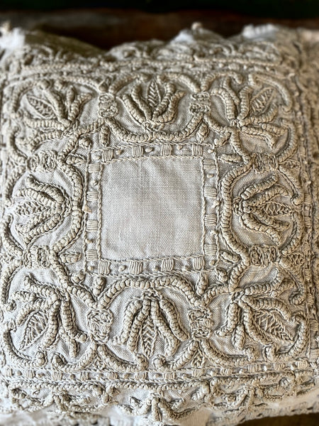 Antique Heirloom Whitework Embroidery Linen Cushion Cover: C19th Italy
