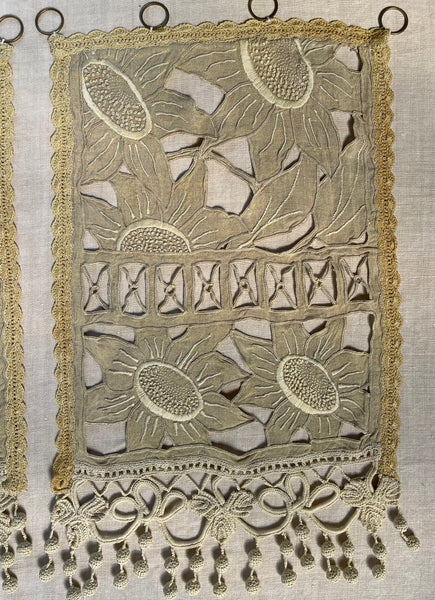 Pair Antique Art Deco French Richelieu Embroidered Linen Cafe Curtains Handmade Sunflower Motif