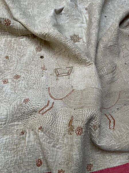 Rare Antique Hand Embroidered Kantha Quilt with Birds & Trees of Life: 19th Century, Bangladesh