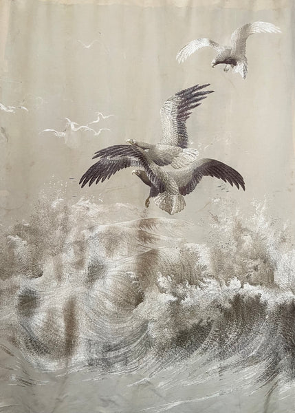 Museum Worthy Silk Embroidered Wallhanging with Waves Auspicious Sea Hawks: C19th Meiji Period, Japan.