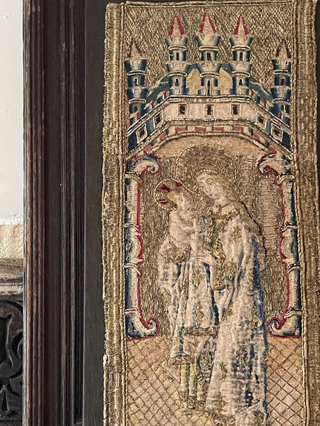 Antique Opus Anglicanum Medieval Orphrey Embroidery Madonna and Child: C16th England
