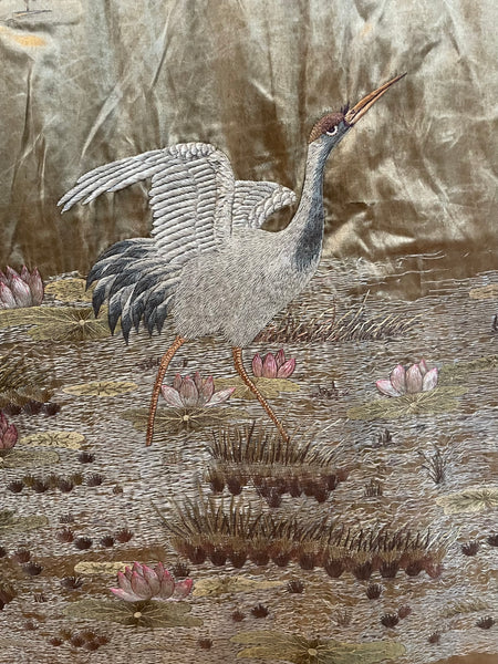 Antique Silk Embroidered Tapestry Wallhanging with Cherry Blossom & Storks: Japanese Meiji Period C19th Century. 223 x 175cm