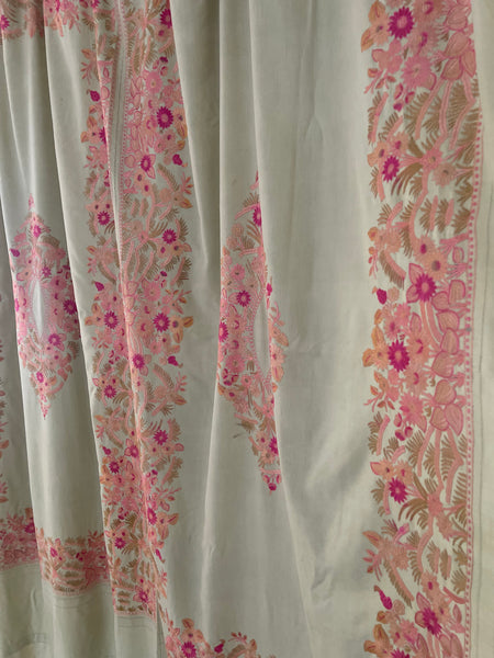 Antique Pinks Floral Silk Embroidered Bedcover or Throw: C20th Kashmir for export