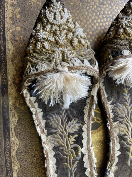 Antique Ottoman Slippers with Gold Gilt Embroidery & Seed Pearls: C19th Turkey