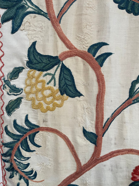 Original Antique Crewelwork Embroidered Bed Hanging: C18th Britain