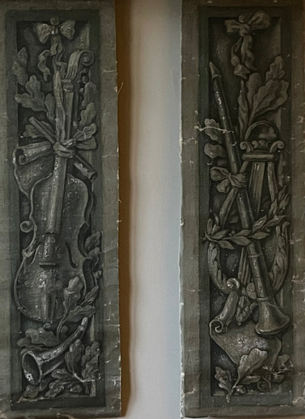 Pair Antique Trompe L’oiel Hand-painted Panels with Neo Classical Music Theme: C19th France