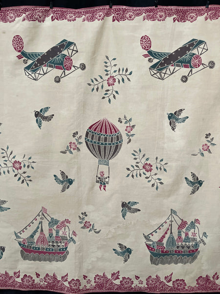 Antique Hand Painted Batik Skirt Panel with Hot Air Balloons Planes & Ships: C20th Java, Indonesia