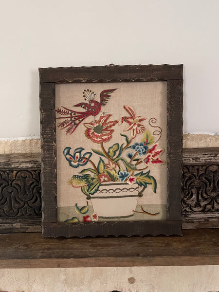 Charming Appliquéd Still Life with Early 18th Century Silk Embroidered Flowers, Bird and Fruit: C1910 English