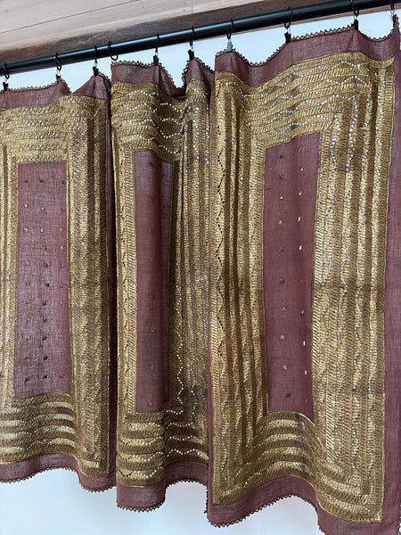 Antique Gold Thread Embroidered Panel Curtain Wallhanging:C20th Indonisia