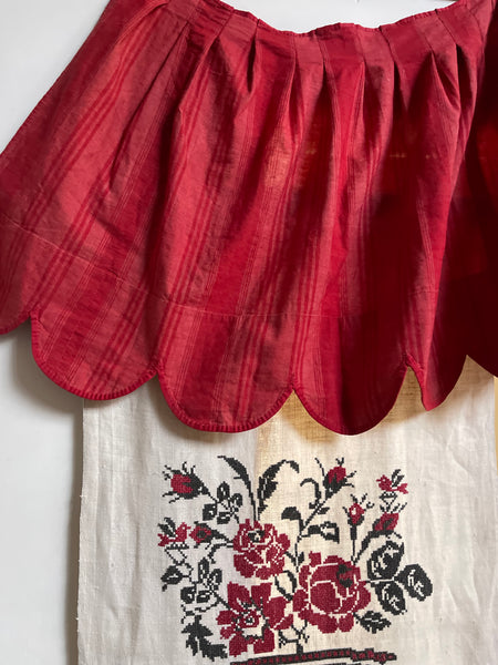 French Pink and Red Striped Ticking Pelmet with Chintz Border: C19th France