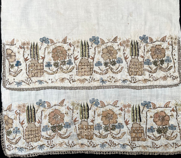 Pair Antique Ottoman Embroideries Silk and Metal Thread With Architectural & Garden Elements: C19th Turkey
