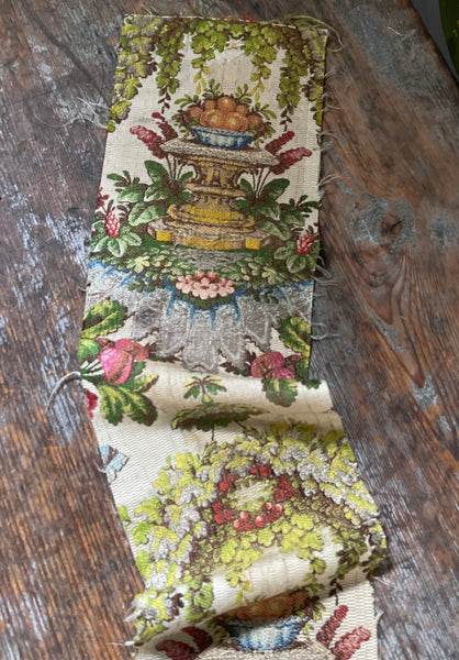 Antique Silk Brocade Panel with Urns & Fruit in Bower: C18th France