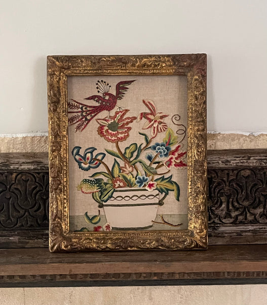 Charming Appliquéd Still Life with Early 18th Century Silk Embroidered Flowers, Bird and Fruit: C1910 English