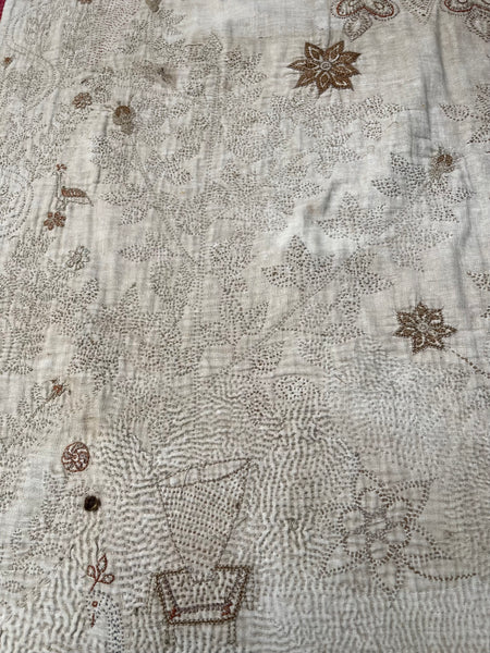 Rare Antique Hand Embroidered Kantha Quilt with Birds & Trees of Life: 19th Century, Bangladesh