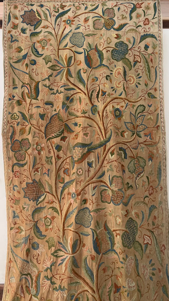 Antique Jacobean Revival Tree of Life Crewelwork Wall Hanging: C1900 Kashmir, India