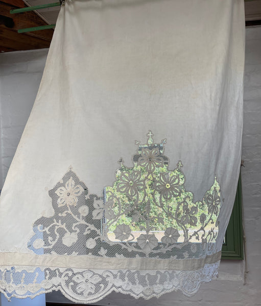 A Pair of Art Nouveau Cutwork and Embroidered Chateau Window Curtain Panels: C1900 France