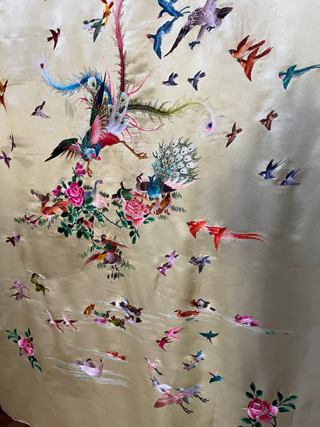 Antique Silk Embroidered Wallhanging with Exotic Birds: C20th China for export