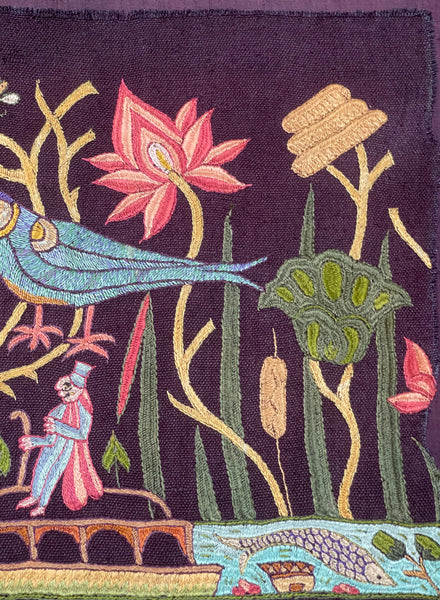 Antique Silk Embroidery with Houseboats, Birds and Florals: Late 19th, Srinagar, Kashmir, India