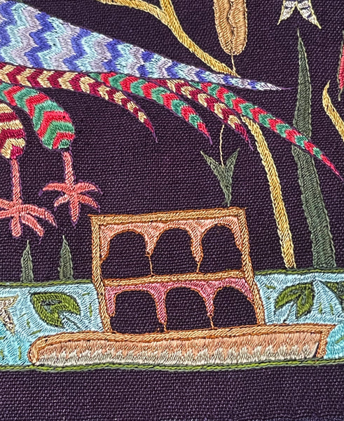 Antique Silk Embroidery with Houseboats, Birds and Florals: Late 19th, Srinagar, Kashmir, India